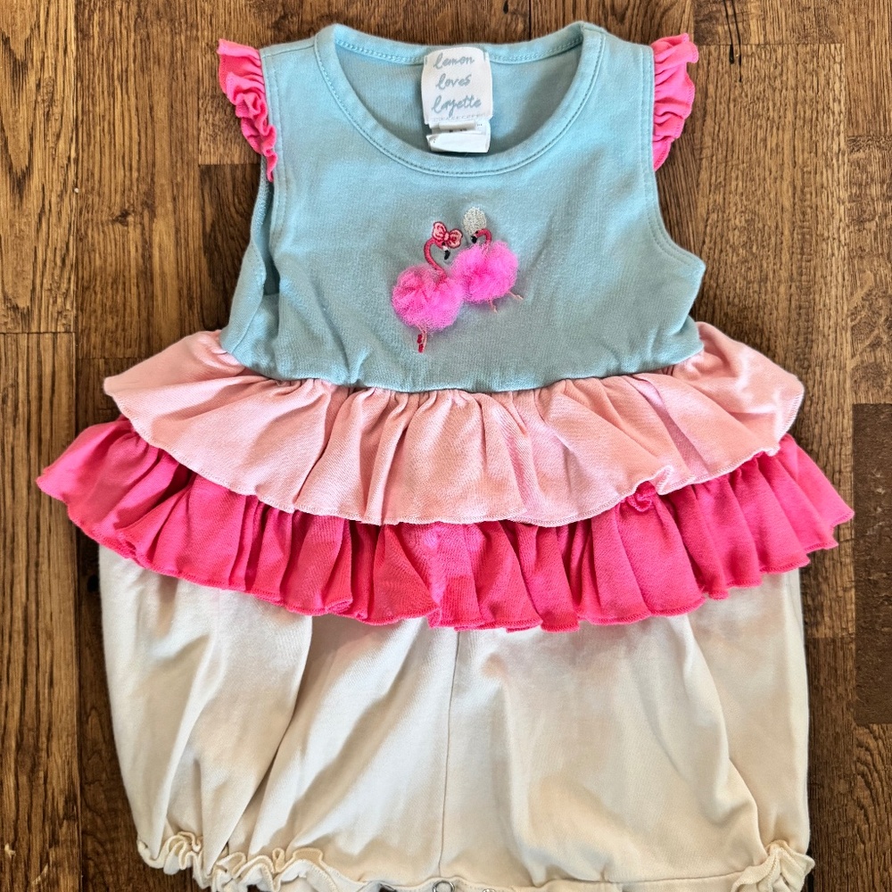 Lemon Loves Lime Ballerina Flamingo Bubble Romper Ruffles Tulle 6-12 Months B